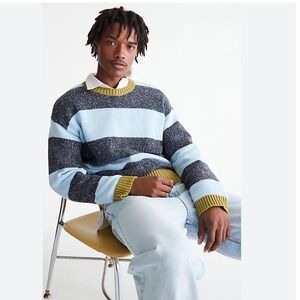 Urban Outfitters UO Bar Stripe Crew Neck Sweater Sky Blue Grey Olive Mens Large